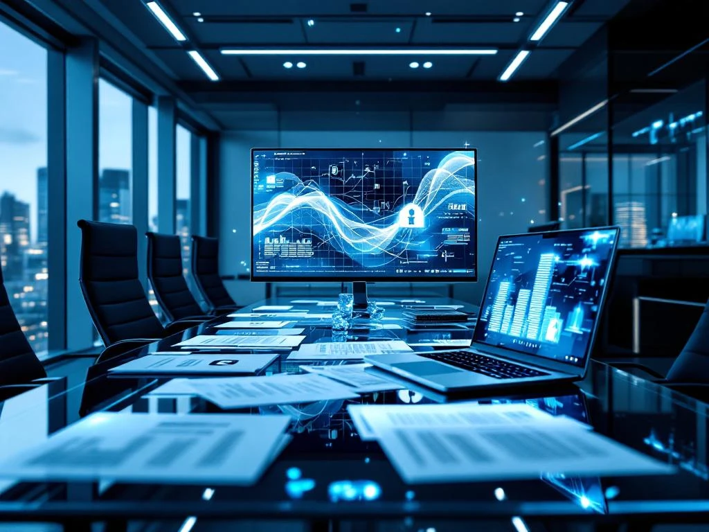 Modern office with multiple monitors displaying data visualizations, glass conference table with legal documents and laptop, city view