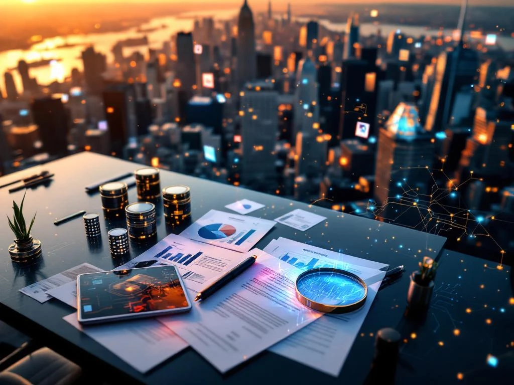 Modern office desk with legal documents and laptop overlooking Manhattan skyline at golden hour with digital data overlays