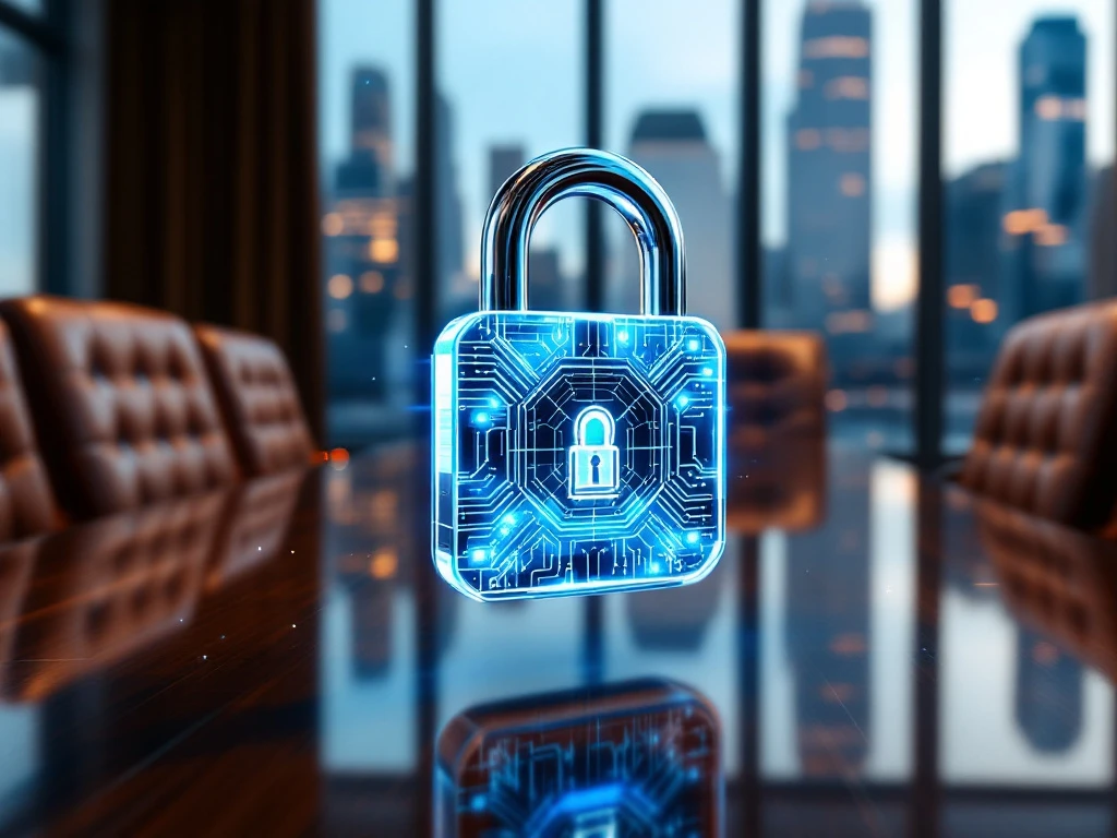 Digital chrome and glass security lock floating above executive boardroom table with glowing circuit patterns and cityscape view.