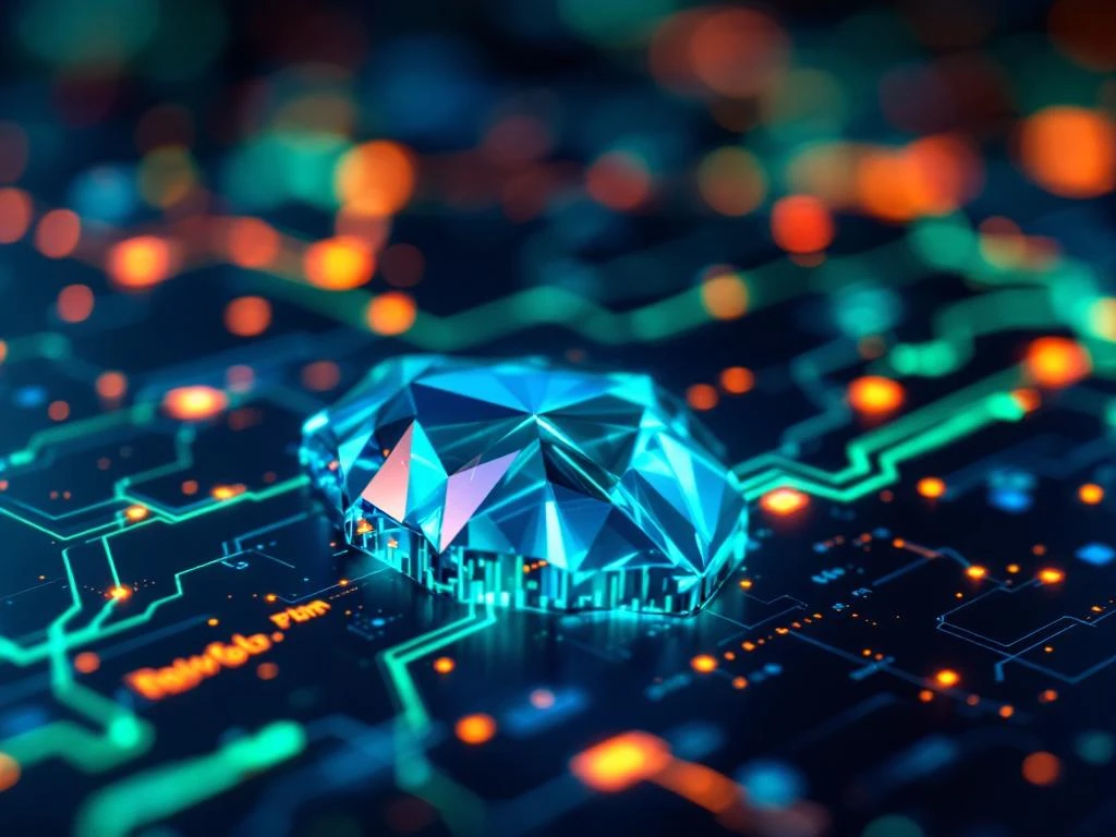 Translucent blue digital security shield on dark metallic surface with flowing green code and glowing network nodes