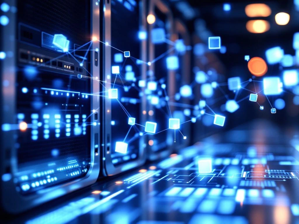Digital servers with blue LED lighting and holographic data display showing network nodes and fiber optic cables