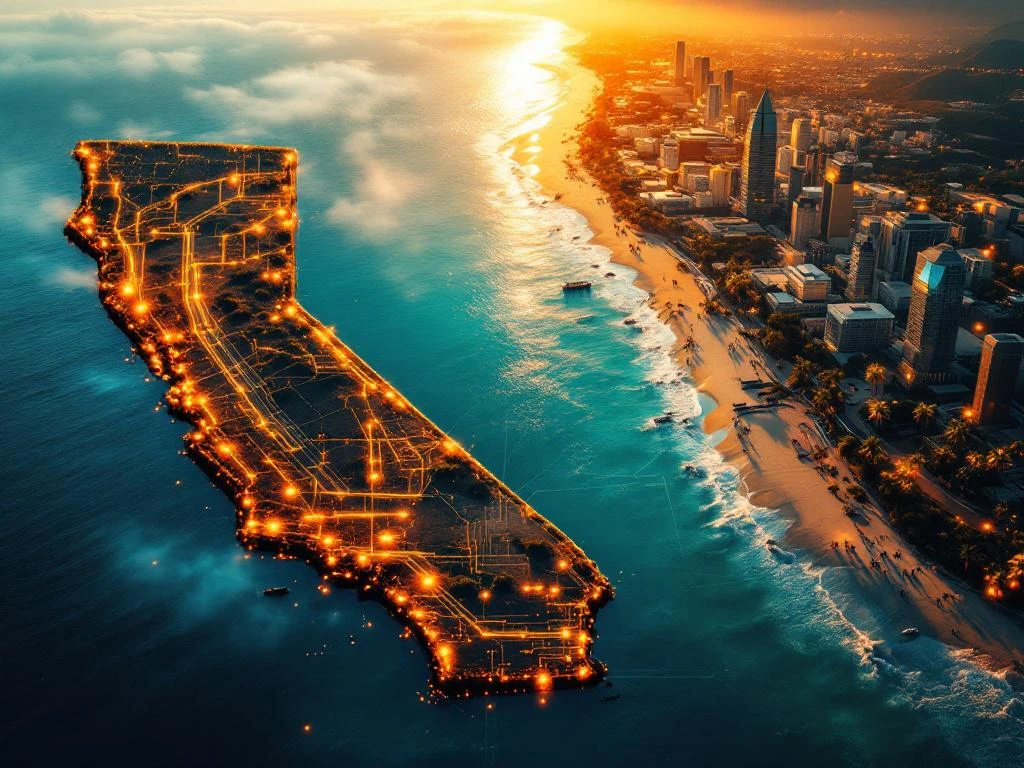 Aerial split view of California coastline contrasting Northern California's golden hills with Southern California's palm beaches connected by glowing data streams.