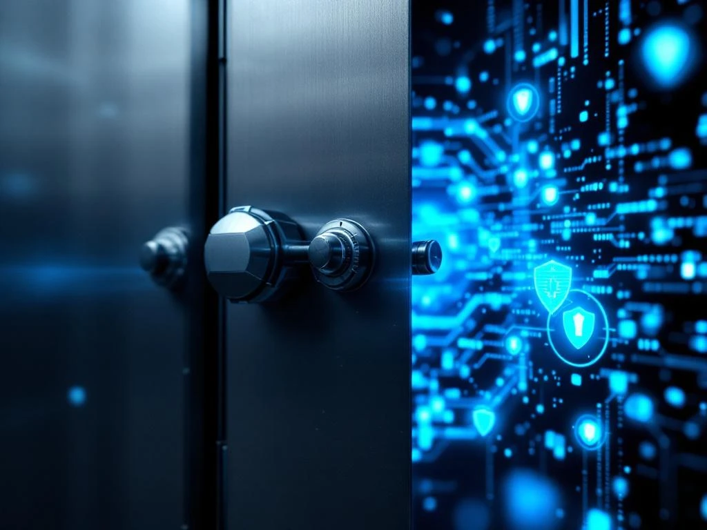 Digital security vault door with glowing blue circuits and flowing data streams representing eDiscovery technology