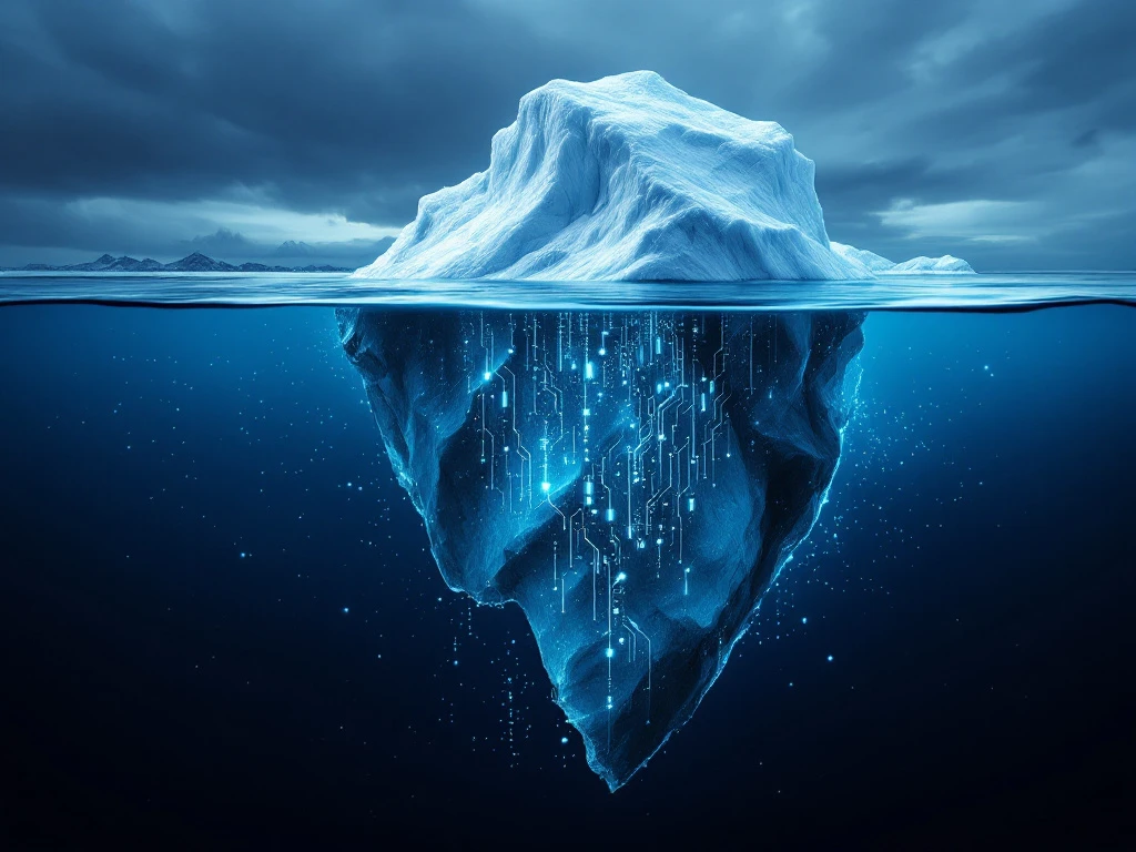 Iceberg in arctic waters with digital data streams flowing through ice, showing hidden underwater portion representing eDiscovery technology depth.