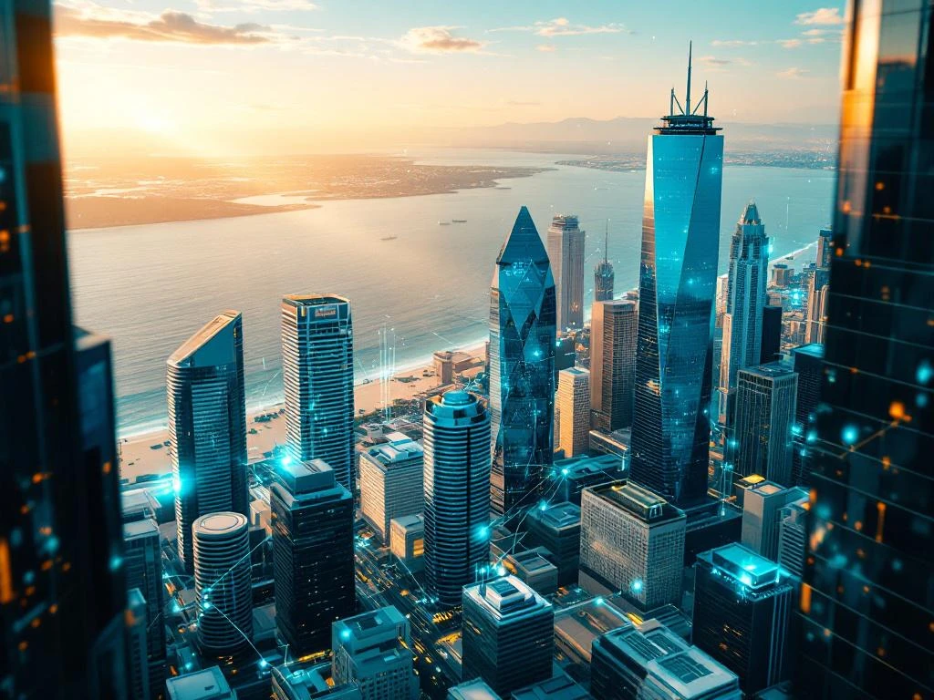 Aerial view of California coastline with modern skyscrapers and digital data streams connecting legal district buildings