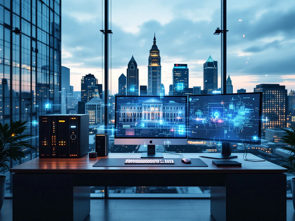 Modern glass office building in Baltimore with mahogany desk displaying legal technology equipment and digital data visualizations.