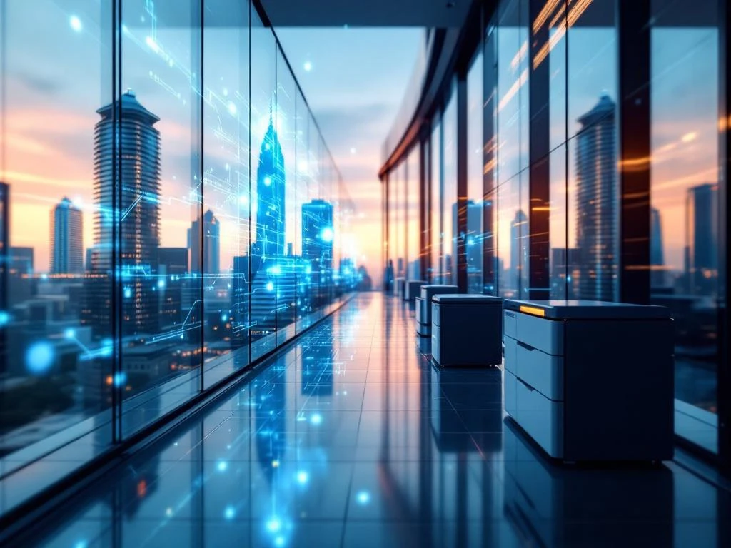 Modern glass office building with blue digital data streams connecting corporate towers, featuring eDiscovery technology equipment in foreground.