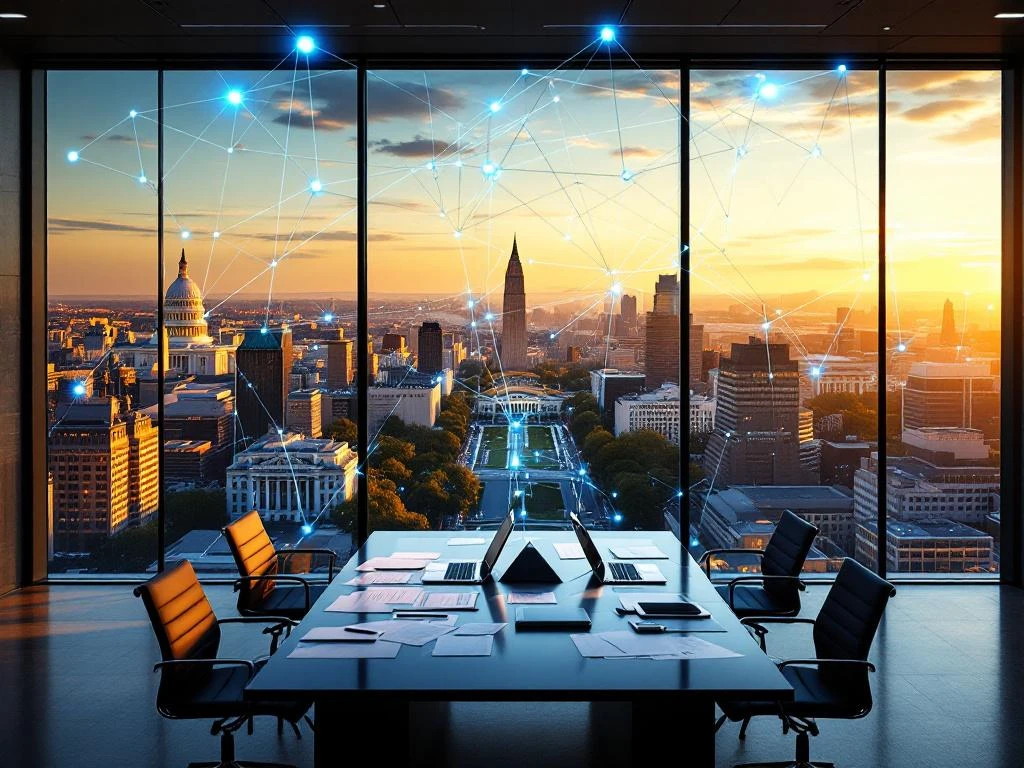 Aerial view of Washington DC Capitol dome and federal buildings with glowing network connections and modern conference room.