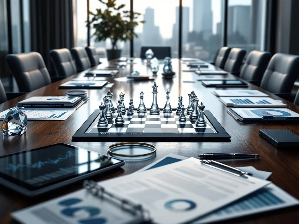 Modern boardroom with chess set on mahogany table, legal documents, tablets showing analytics, and magnifying glass over resumes