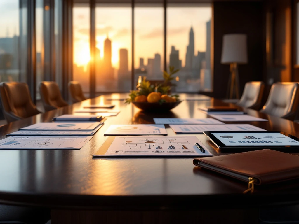 Executive boardroom with mahogany conference table, cybersecurity documents, digital tablet showing network diagrams, city view