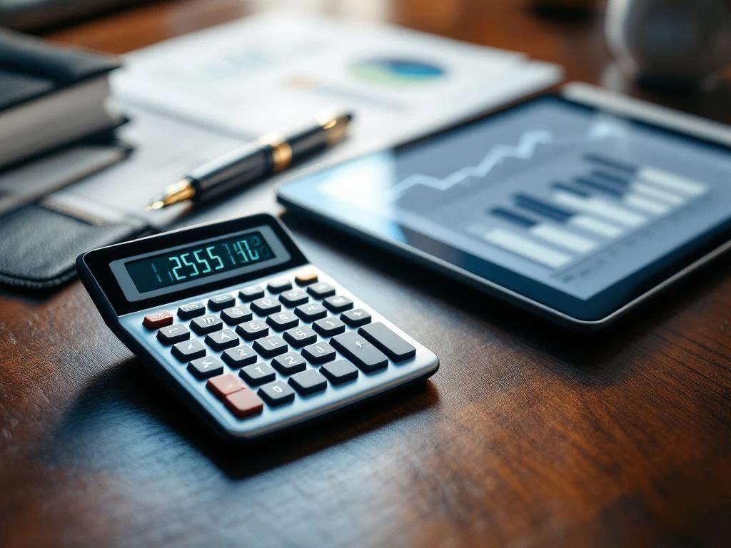 Modern calculator with financial figures on mahogany table surrounded by legal documents, tablet with charts, and fountain pen.