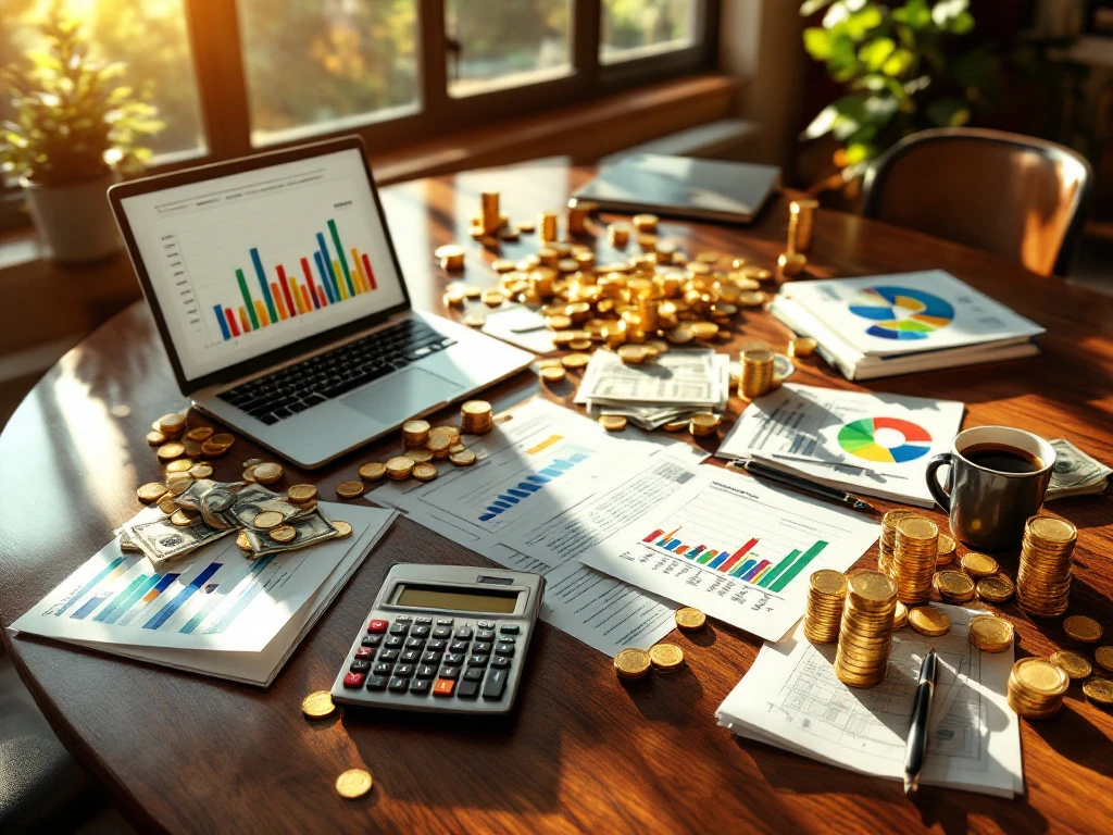 Mahogany boardroom table with financial documents, budget spreadsheets, calculator, laptop showing charts, and scattered coins
