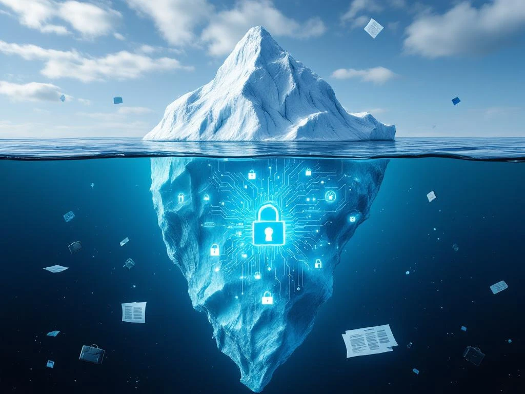 Iceberg floating in arctic waters with visible underwater structure, embedded cybersecurity symbols, and legal documents drifting nearby.