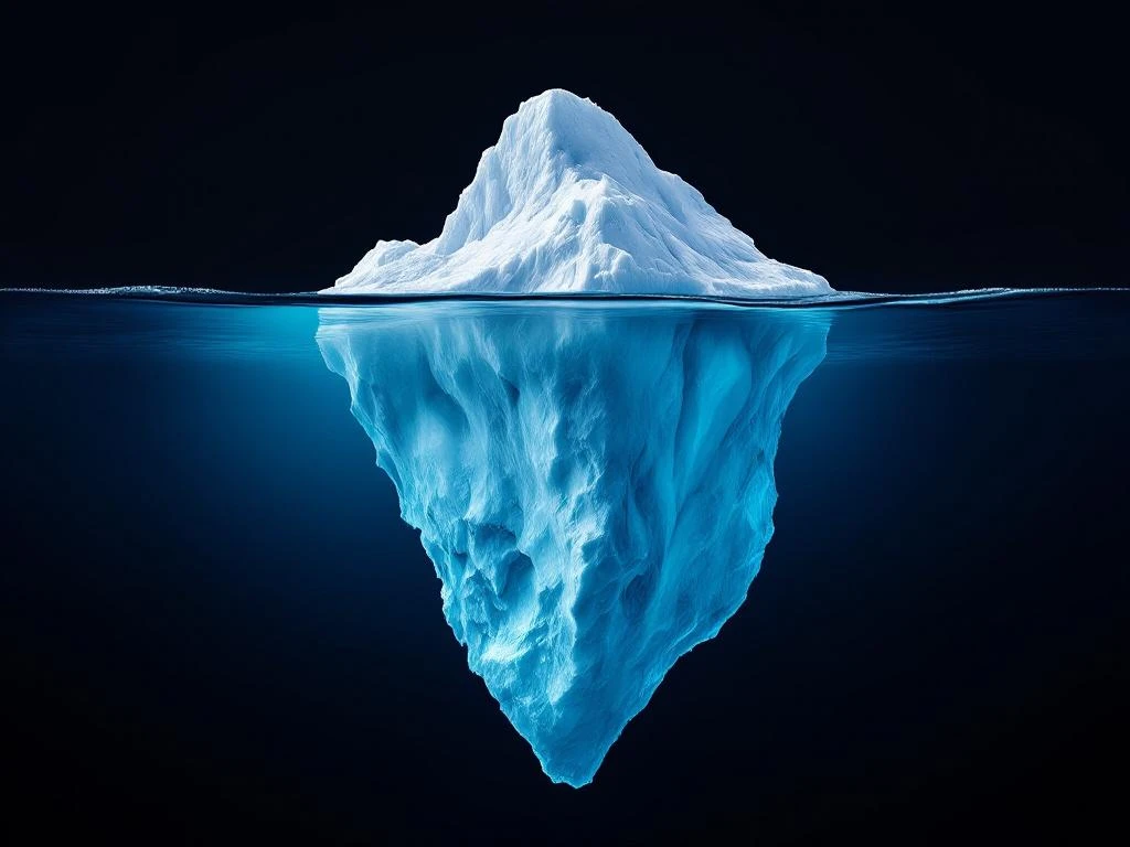 Iceberg floating in dark arctic waters with massive underwater portion visible through crystal-clear depths below surface