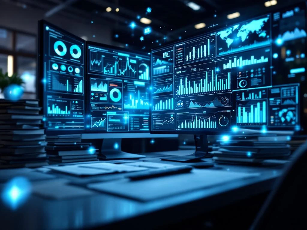 Modern digital workspace with multiple monitors displaying data analytics dashboards alongside organized legal documents