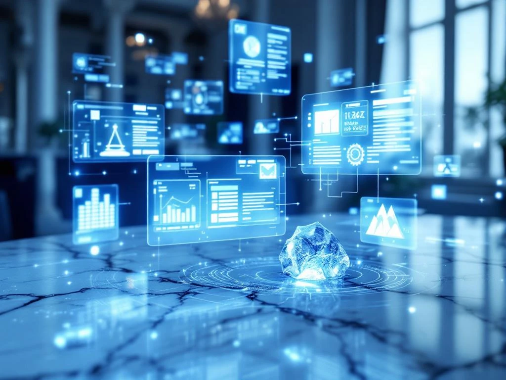 Digital legal documents with blue circuit patterns floating above marble desk with classical columns in background