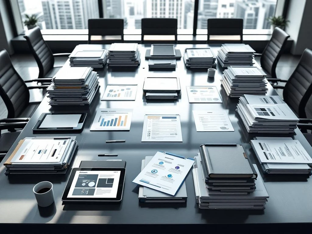 Corporate conference table with organized resume stacks, colored tabs for legal practice areas, and tablets displaying charts