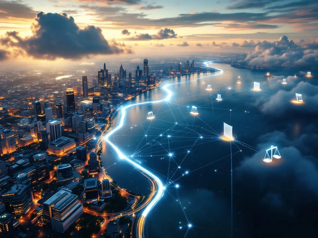 Aerial view of Virginia, Maryland, and Washington DC connected by glowing digital pathways with legal technology elements