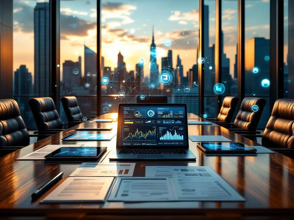 Modern conference room with Manhattan skyline view, mahogany table with legal documents, tablets, and holographic data displays