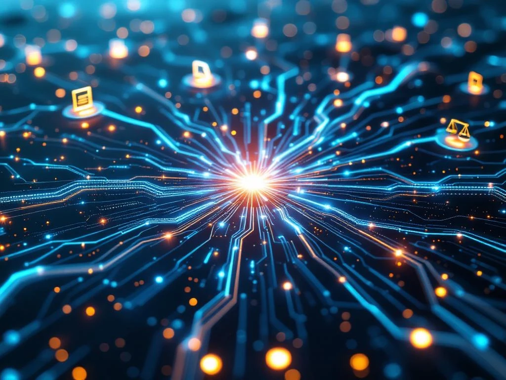 Aerial view of glowing digital network with interconnected data nodes, holographic legal scales, and blue light streams converging at center.