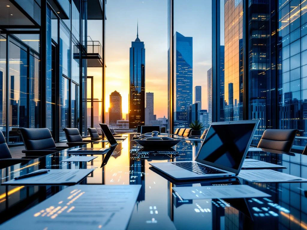 Modern glass office building in Virginia with conference table displaying laptops, tablets, and legal documents at golden hour.