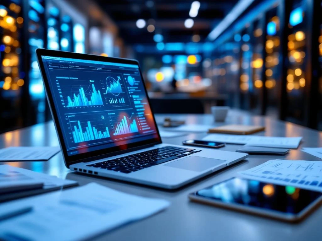 Modern office desk with laptop displaying data charts, surrounded by legal documents, tablet, and smartphone with blue LED lighting.