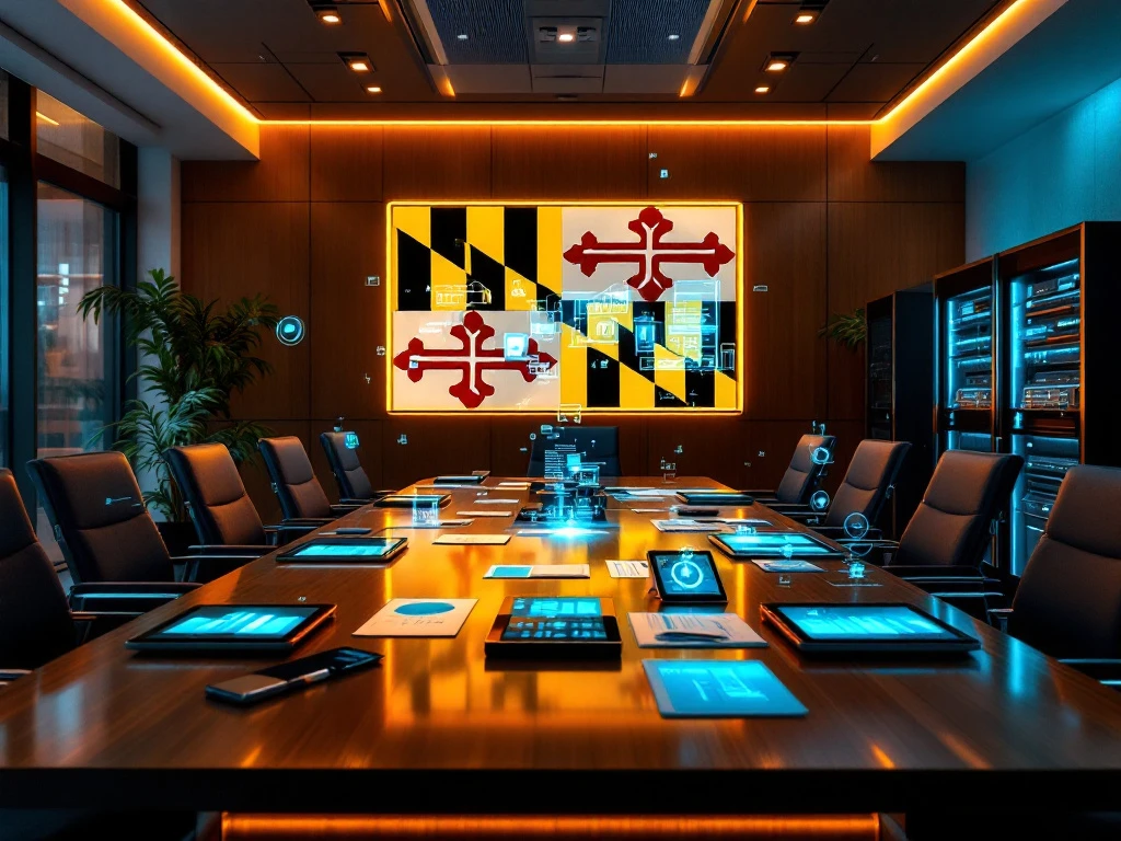 Modern conference room with mahogany table, legal documents, digital tablets, holographic interfaces, and Maryland flag backdrop.