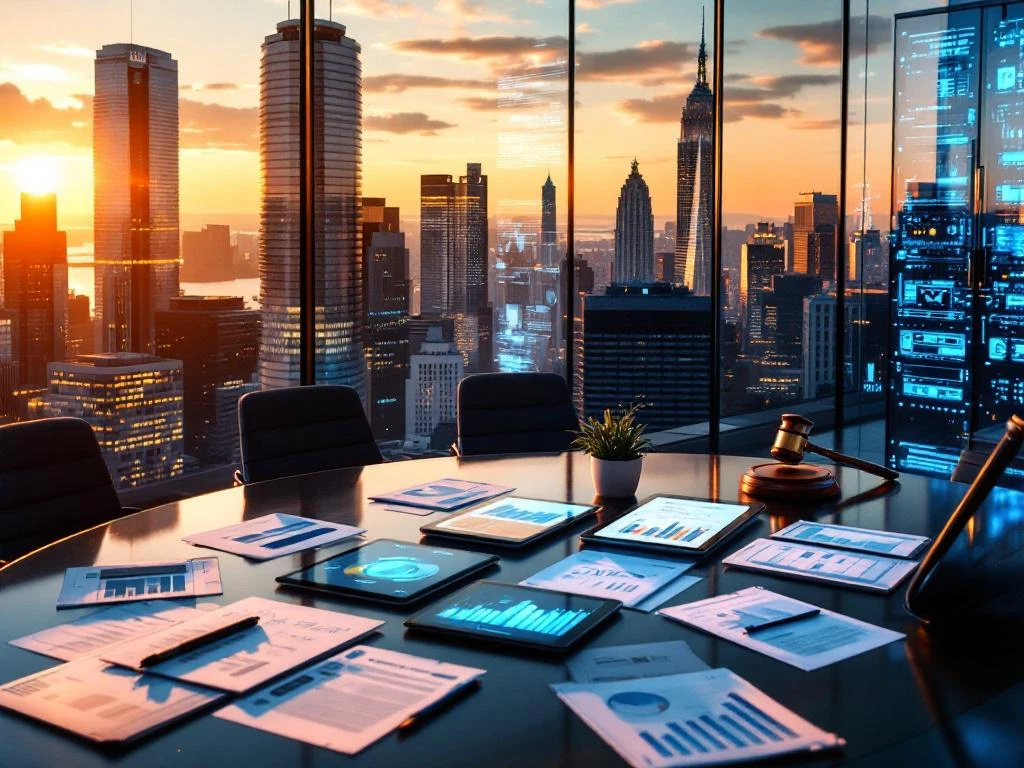 Manhattan skyscrapers at golden hour with modern conference table displaying legal documents, tablets, and magnifying glass