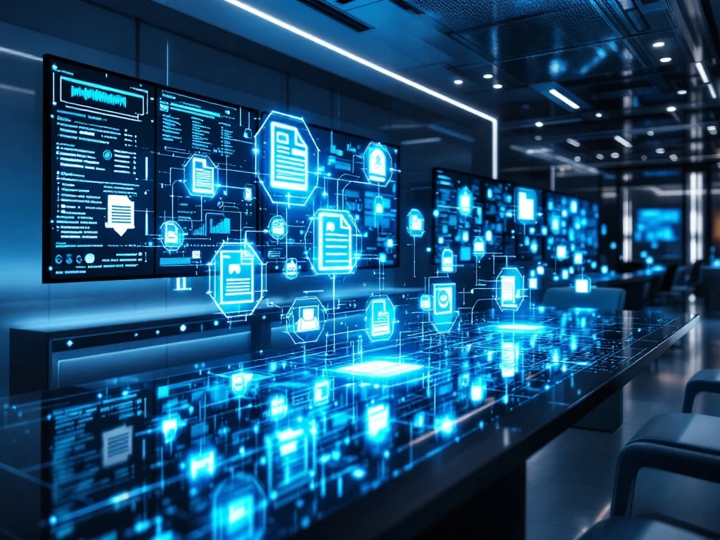 Modern legal office with multiple monitors displaying data streams, glass conference tables, and holographic document icons in blue lighting.