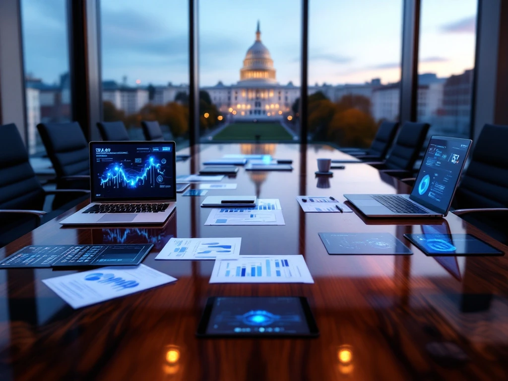 Modern legal technology setup on mahogany conference table with tablets, laptop, and documents, Capitol dome visible through window