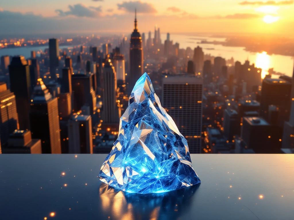 Aerial view of Manhattan skyscrapers with digital data streams flowing between buildings and crystal iceberg sculpture in foreground