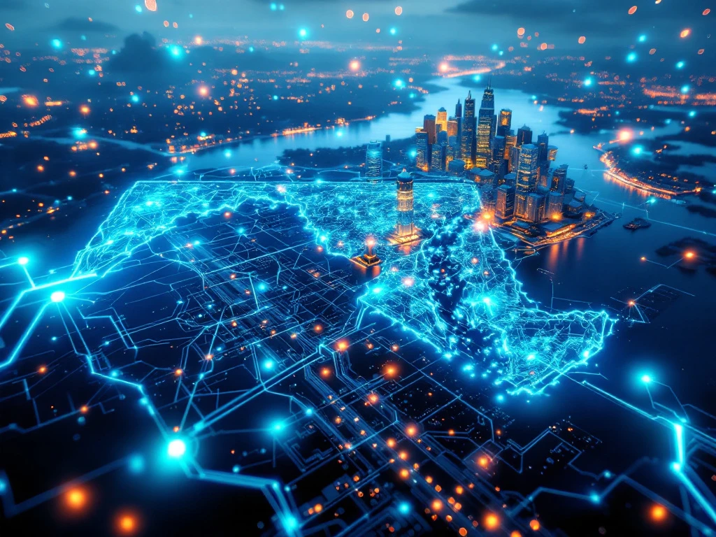 Aerial view of Maryland's Chesapeake Bay coastline with digital network overlay connecting cities, showing cybersecurity hub.