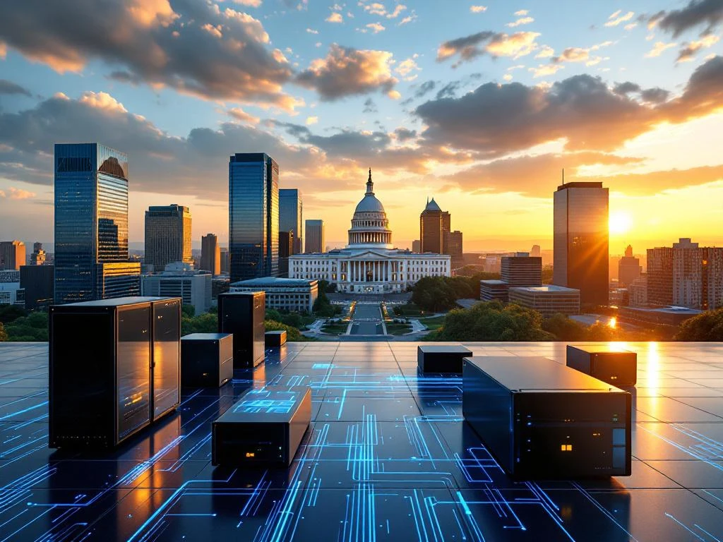 Aerial view of Maryland government buildings and modern offices at golden hour with digital servers and fiber optic cables in foreground.