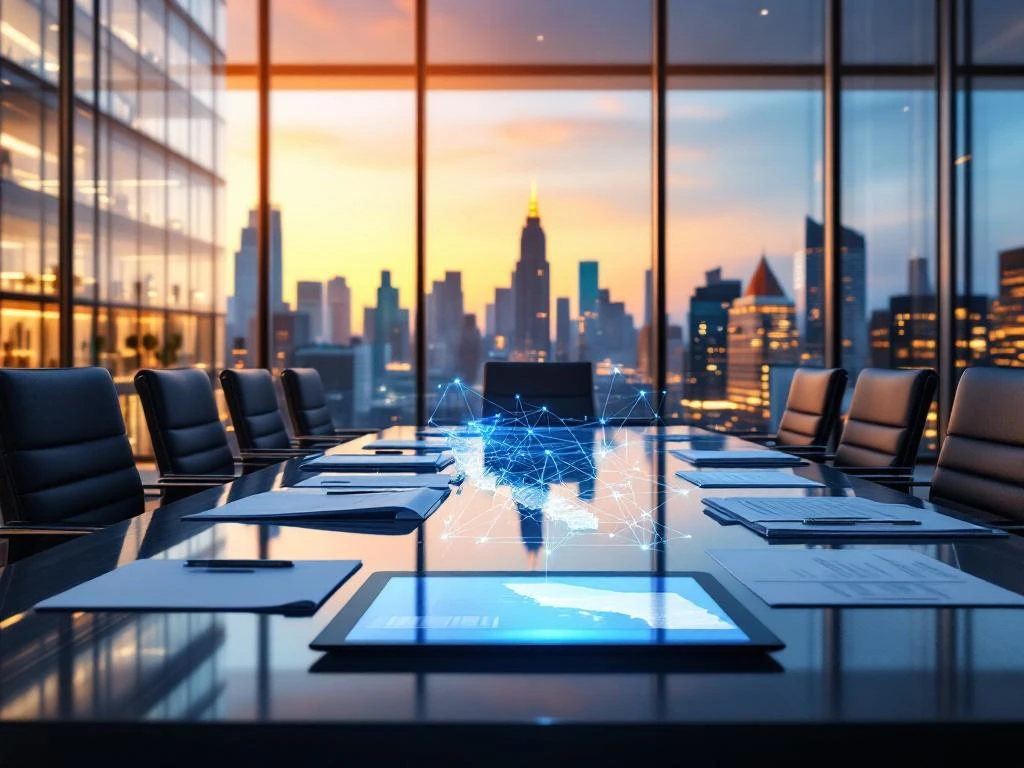 Modern California office building with glass floors and conference room showing digital recruitment network map on tablet