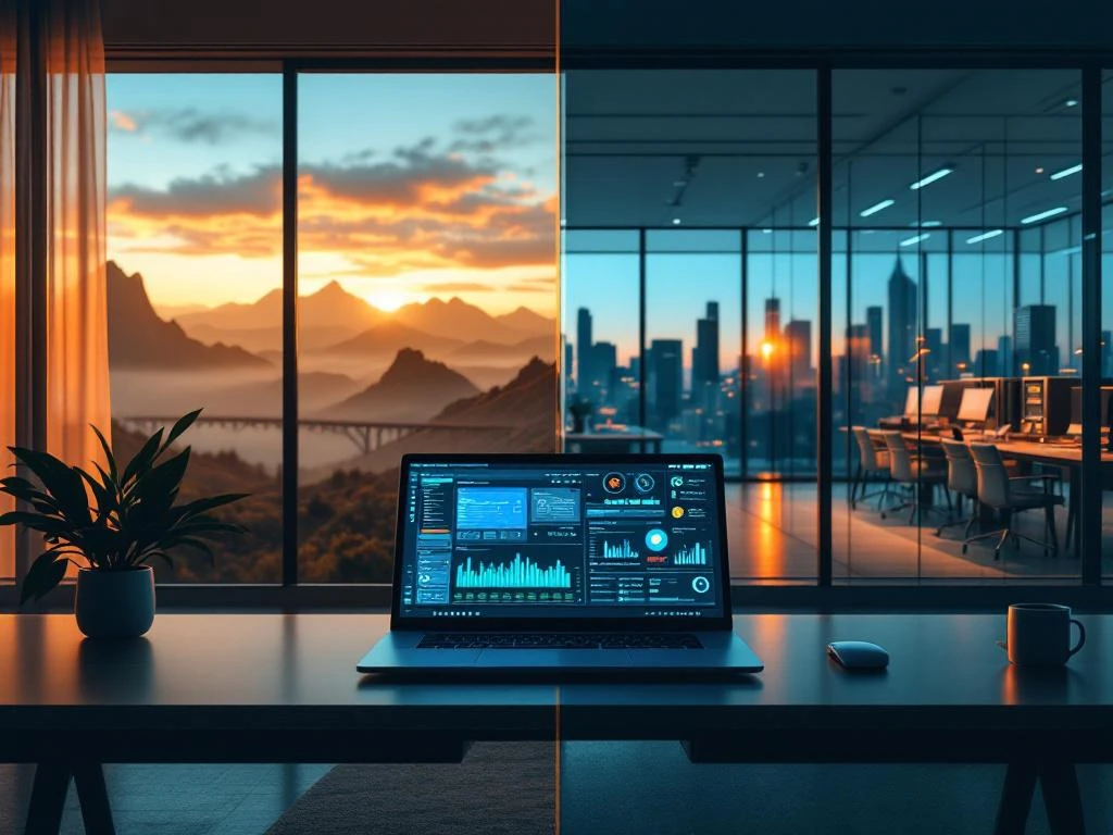 Split-screen showing remote home office with digital forensics laptop and mountain views versus corporate office with servers and city skyline in California.