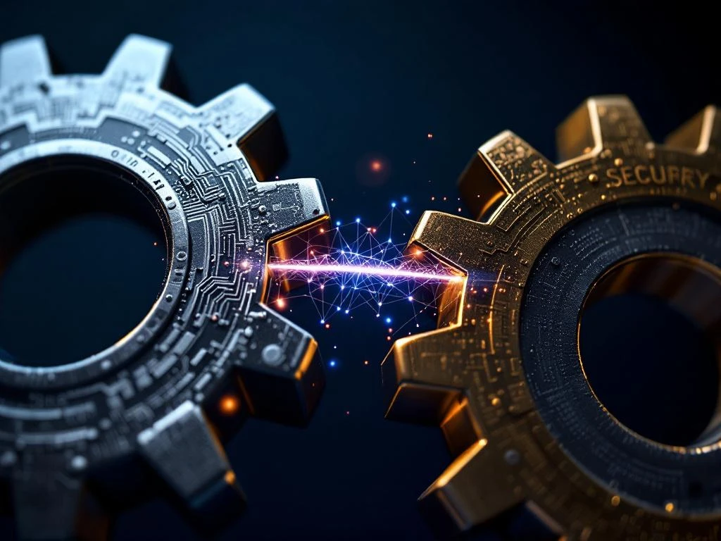 Two interlocking metallic gears with glowing digital bridge connecting them, representing security and legal integration