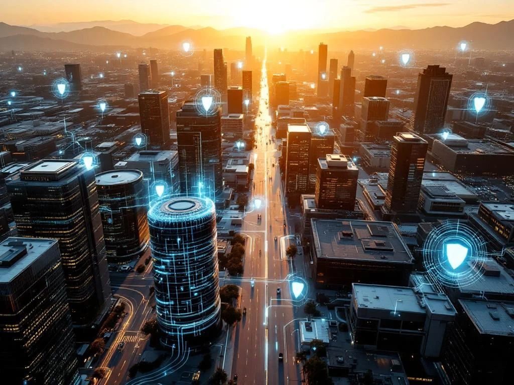 Aerial view of Silicon Valley tech campuses at sunset with digital circuit patterns and cybersecurity icons overlaying buildings.
