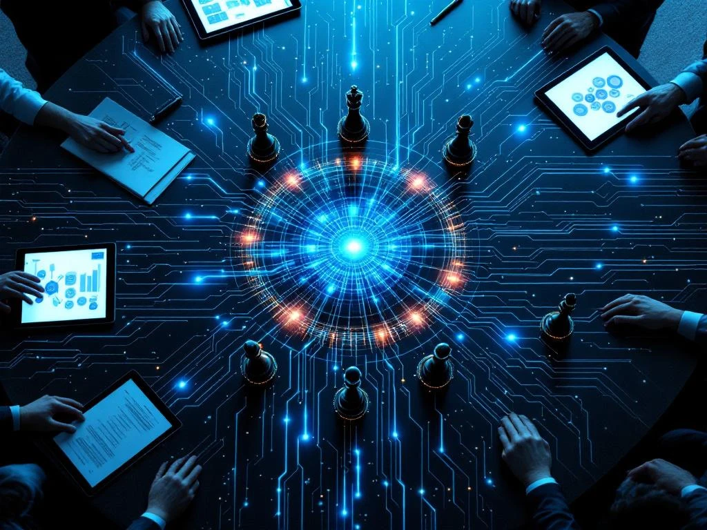 Modern conference table with chess pieces on digital circuit board surface, glowing blue data streams, legal documents and tablets