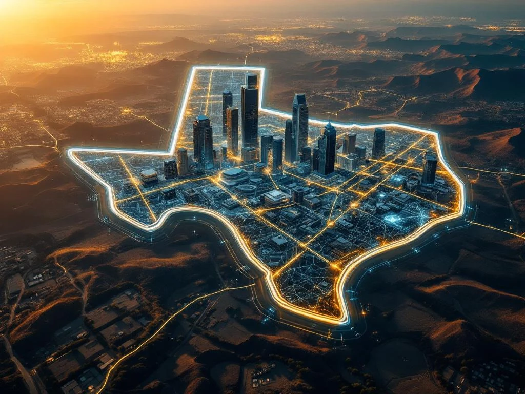 Aerial view of Texas showing three major cities connected by glowing digital pathways and data streams at golden hour.