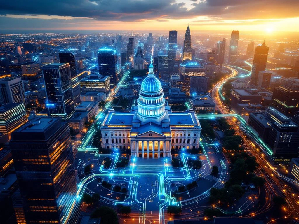 Texas State Capitol building in aerial view with glowing fiber optic network and data streams connecting modern cityscape buildings.
