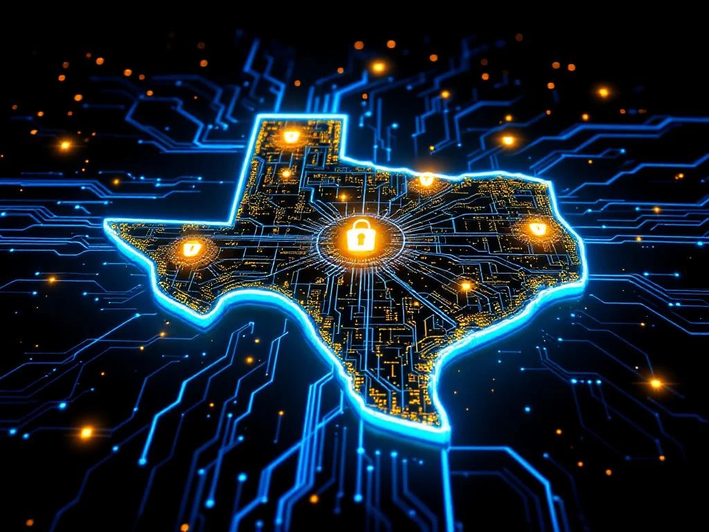 Texas state outline as glowing digital circuit board with cyan data streams, golden city nodes, and floating security shields on dark background.