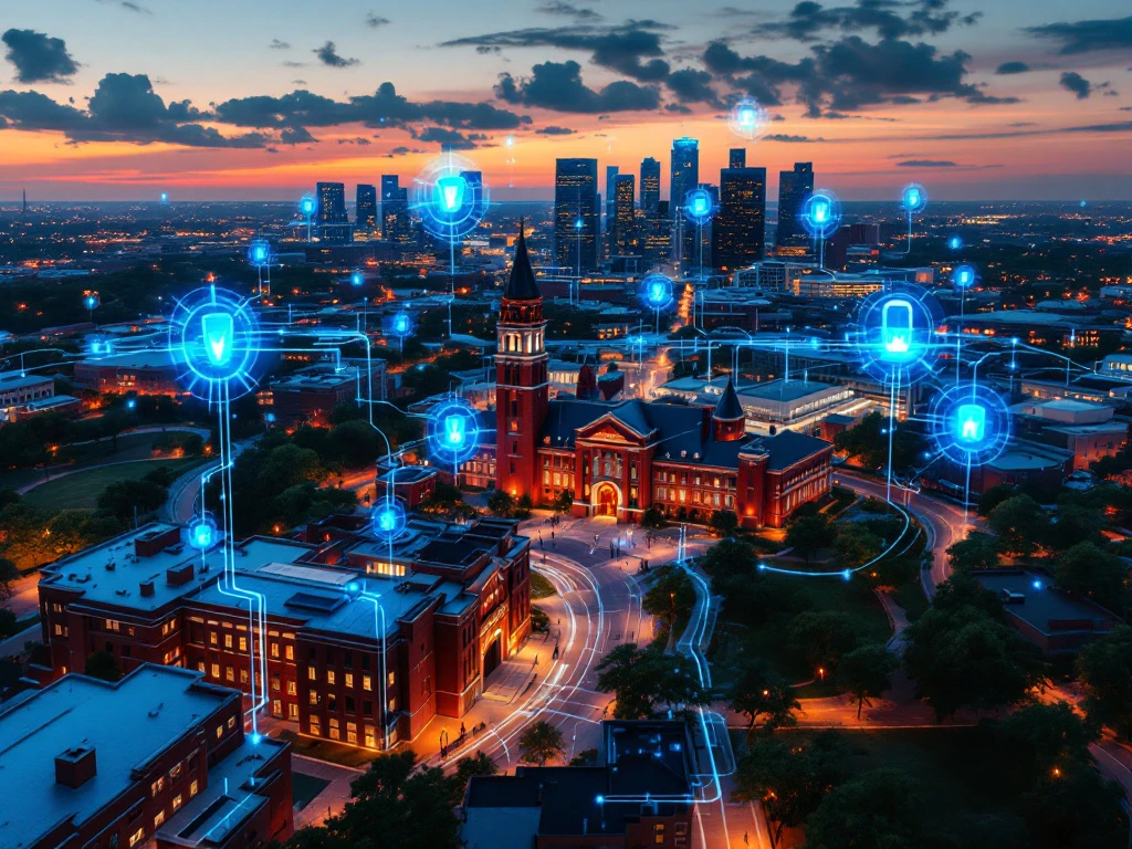 Texas Tech University campus with red brick buildings connected by glowing blue fiber optic networks to modern cybersecurity centers at sunset.