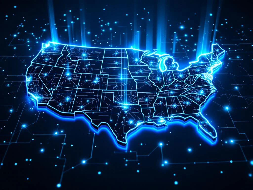 3D metallic United States map with eight glowing blue regions connected by digital network lines on dark background.