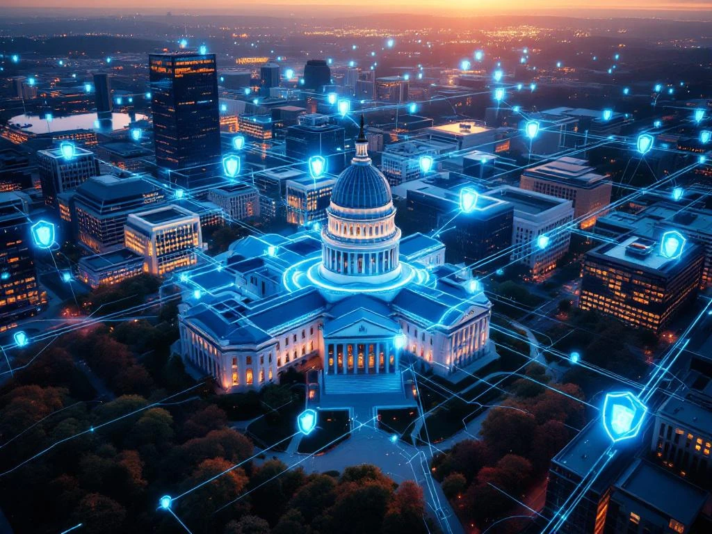 Virginia State Capitol building with white dome connected by glowing blue digital networks and security shields at golden hour.