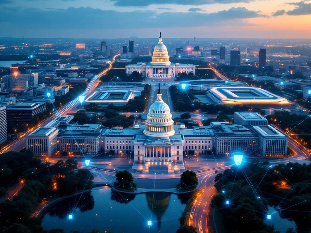 Aerial view of Washington DC Capitol building with cybersecurity network overlay connecting Virginia and Maryland bridges