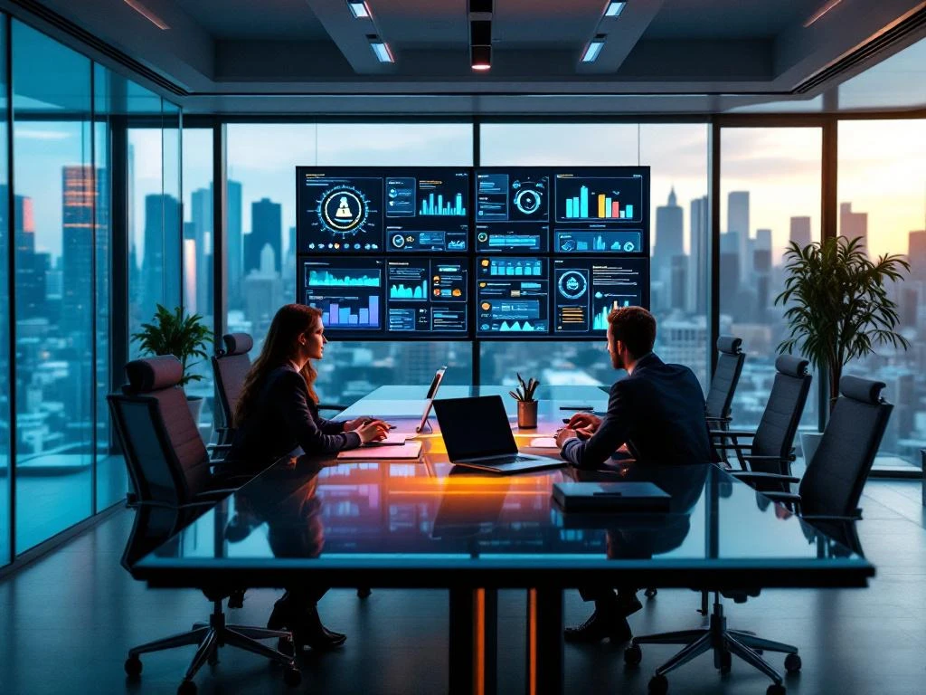 Two business professionals collaborating at glass conference table with security dashboards on monitors in modern office