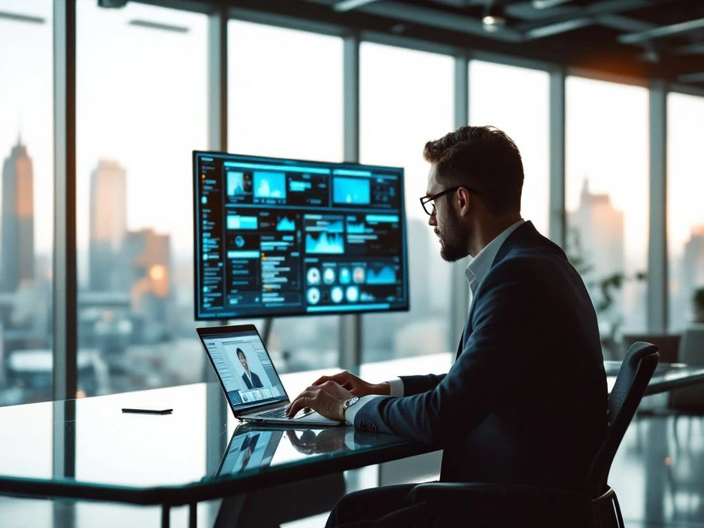 CISO executive reviewing candidate profiles on laptop at modern glass desk with cybersecurity monitors and city skyline view