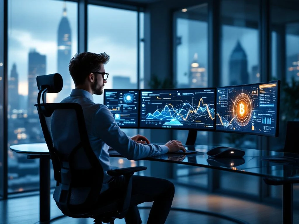Cybersecurity analyst examining blockchain visualizations on multiple monitors at modern glass desk with city skyline view.