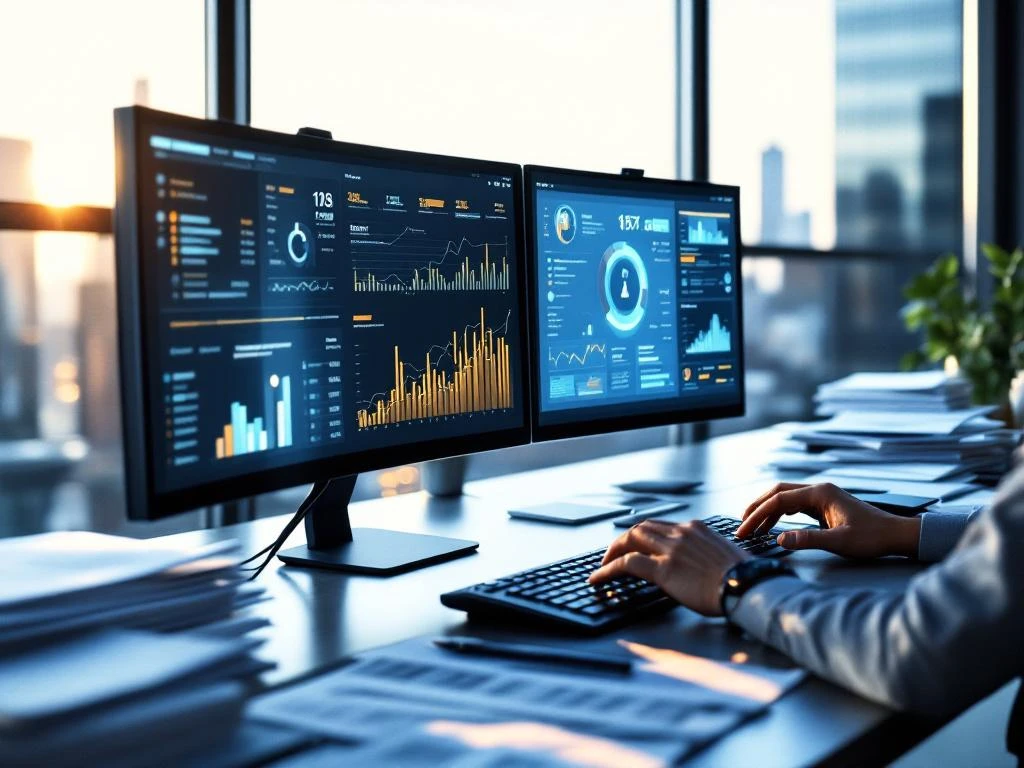 Professional typing on backlit keyboard at modern office desk with dual monitors displaying data charts and security dashboards.