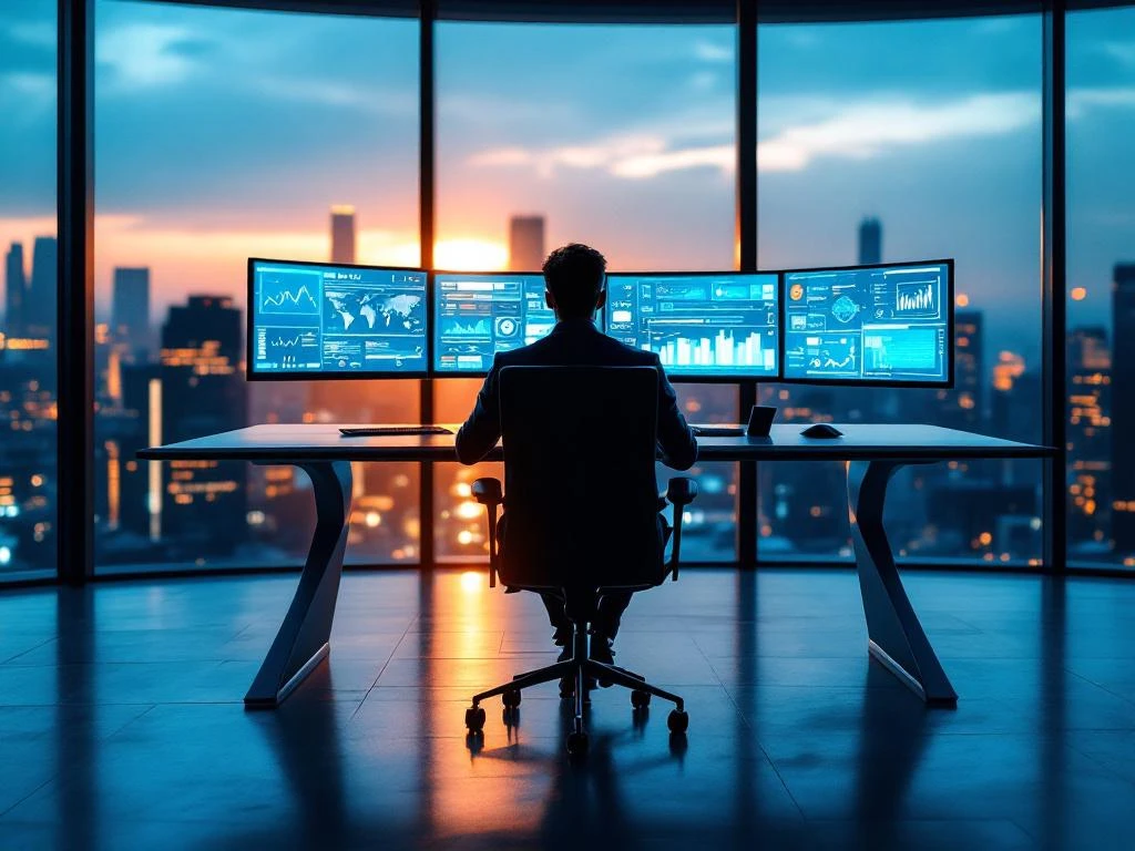 Cybersecurity analyst at curved glass desk with multiple glowing monitors showing network data in modern office at dusk